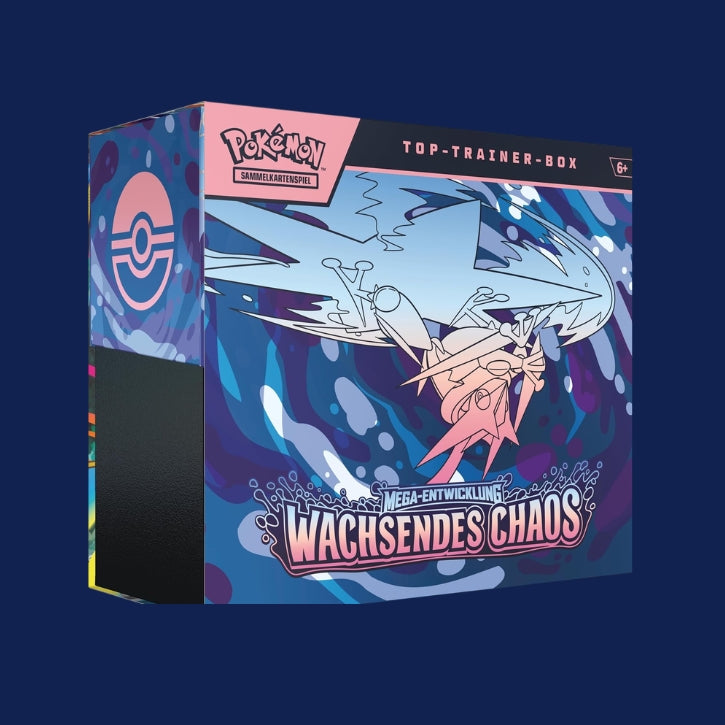Pokémon-Sammelkartenspiel: Top-Trainer-Box Mega-Entwicklung – Wachsendes Chaos (1 Vollbild-Promokarte, 9 Boosterpacks & Premium-Zubehör)