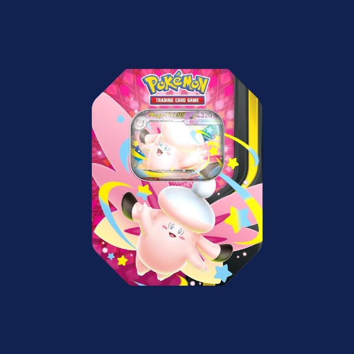 Pokémon Tin Box Mega Pixi ex #129 – Deutsch – Pokémon TCG Box mit 4 Boostern & Promokarte